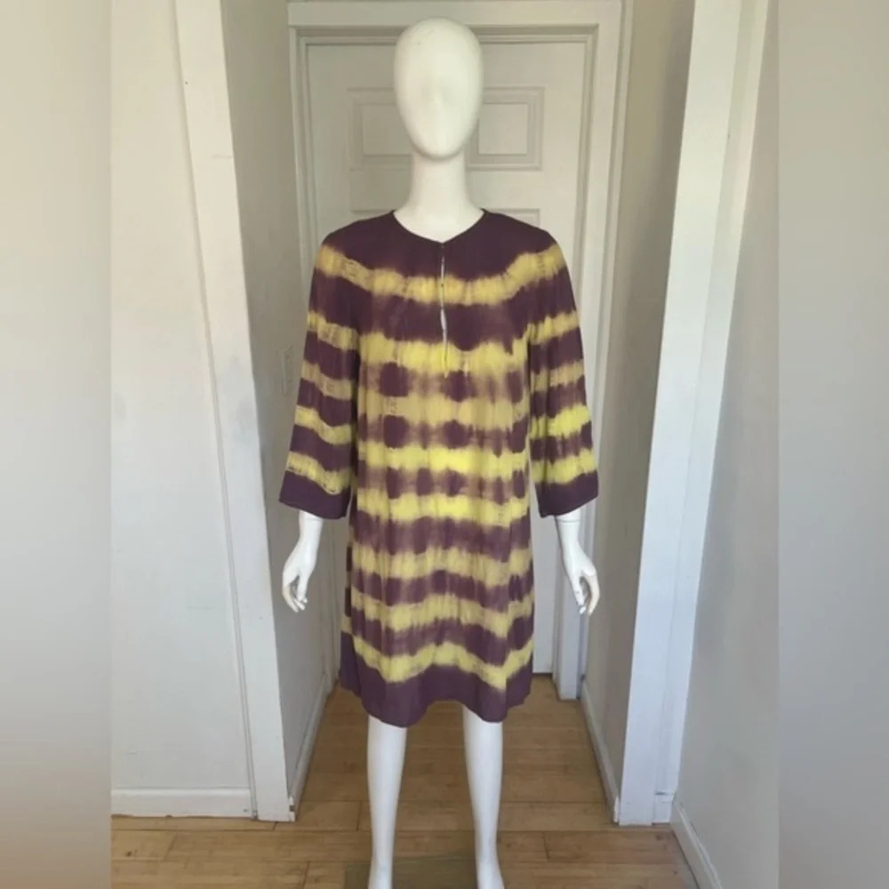 Egon Von Furstenberg Tie Dye Purple and Yellow 7/8 Sleeve Viscose Dress Size M